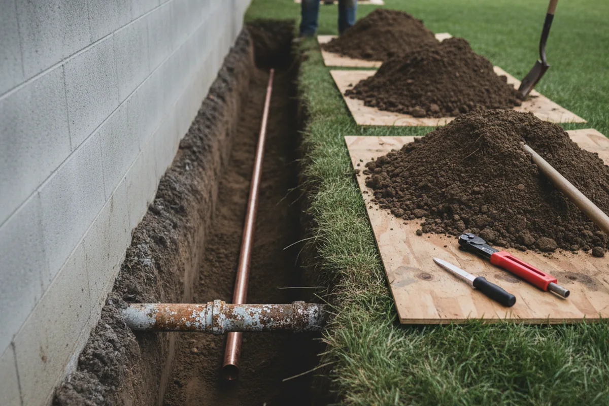 Excavated water line trench during Sewer Line Repair in Walkertown